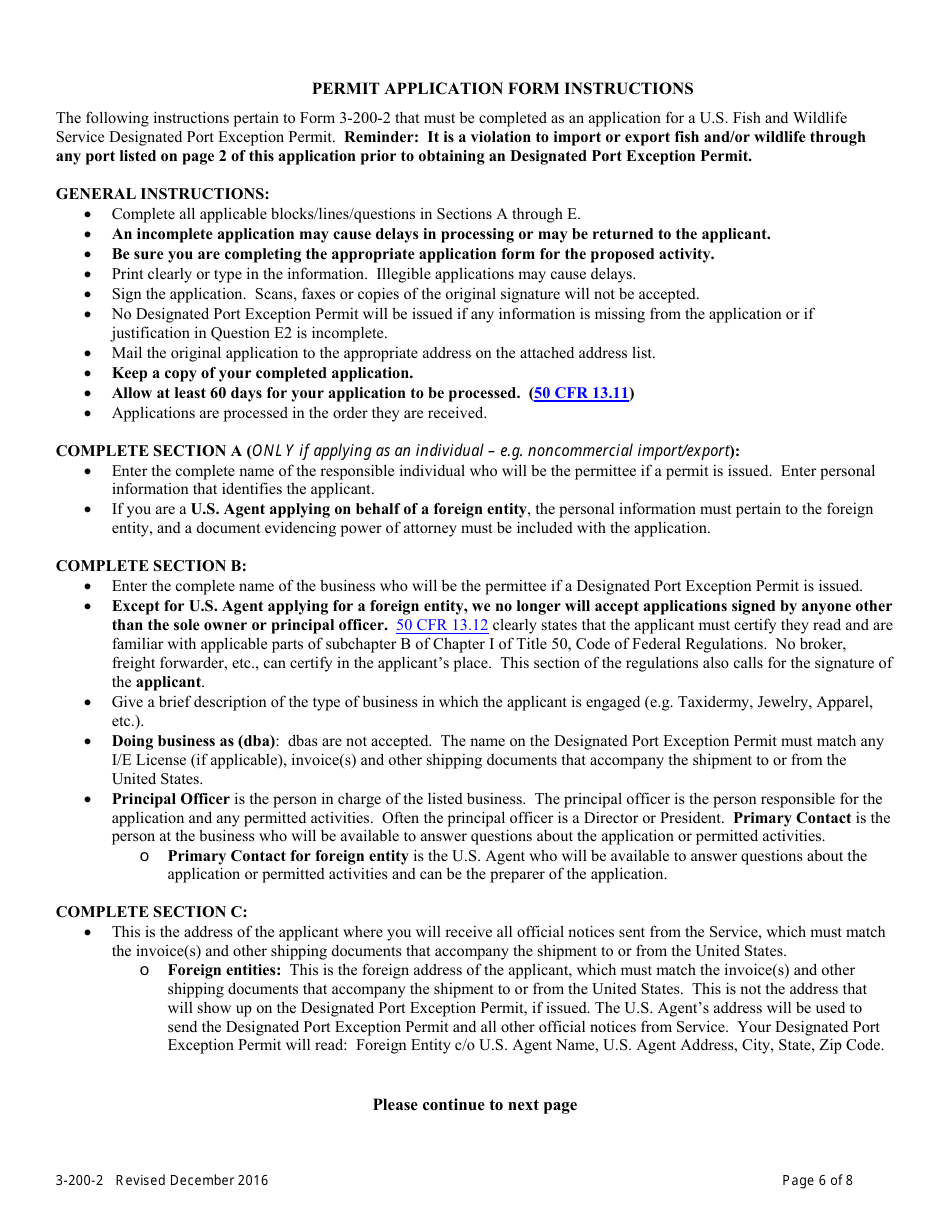 FWS Form 3-200-2 License / Permit Application Form - Designated Port Exception Permit, Page 6