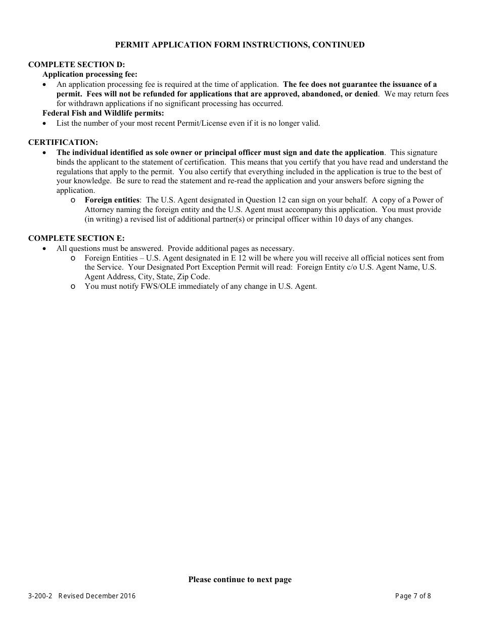 FWS Form 3-200-2 License / Permit Application Form - Designated Port Exception Permit, Page 7