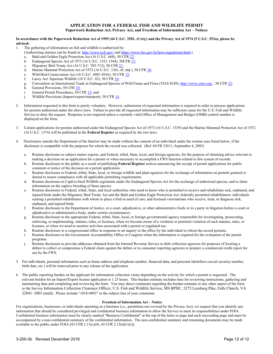 FWS Form 3-200-3B Federal Fish and Wildlife Permit Application Form: Import / Export License - Foreign Entities, Page 12