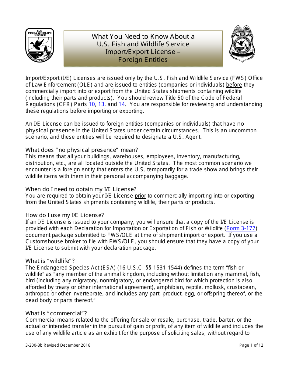 FWS Form 3-200-3B Federal Fish and Wildlife Permit Application Form: Import / Export License - Foreign Entities, Page 1