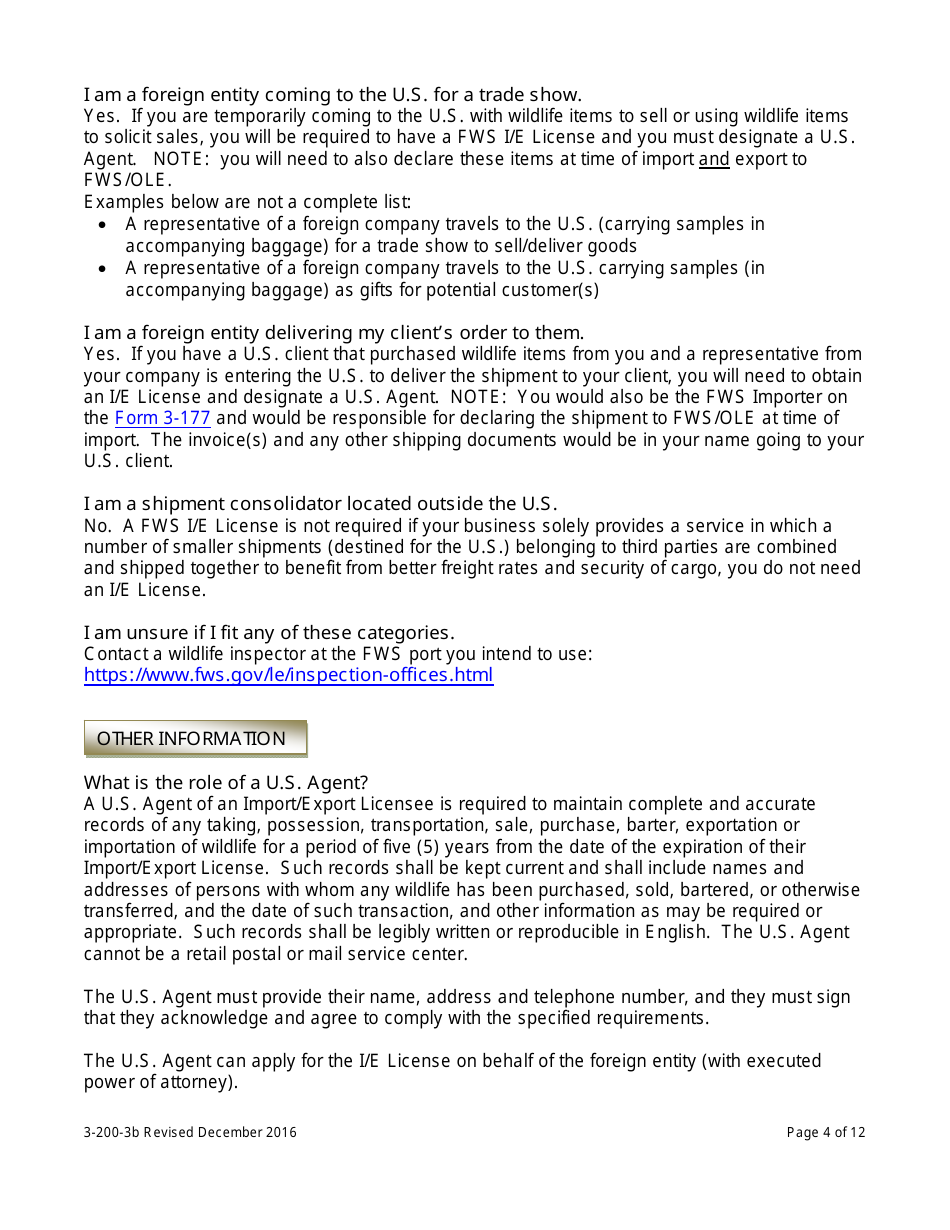 FWS Form 3-200-3B Federal Fish and Wildlife Permit Application Form: Import / Export License - Foreign Entities, Page 4
