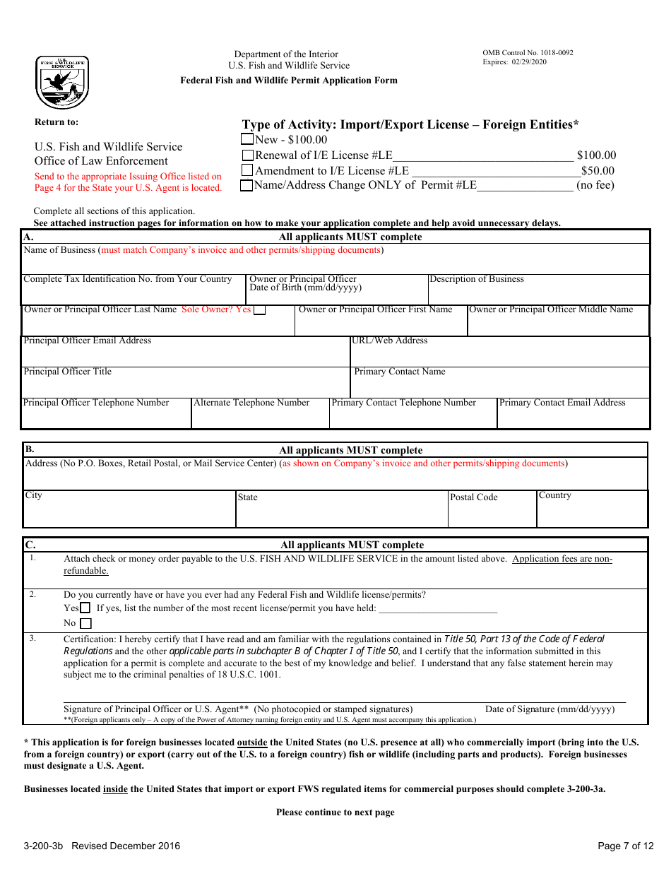 FWS Form 3-200-3B Federal Fish and Wildlife Permit Application Form: Import / Export License - Foreign Entities, Page 7