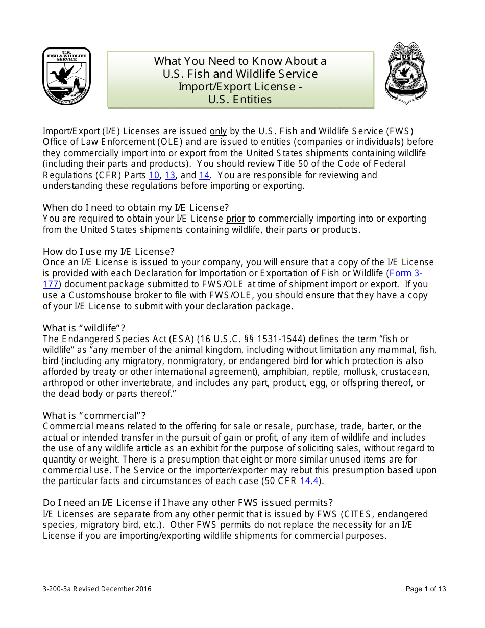 FWS Form 3-200-3A Federal Fish and Wildlife Permit Application Form: Import / Export License - U.S. Entities, Page 1