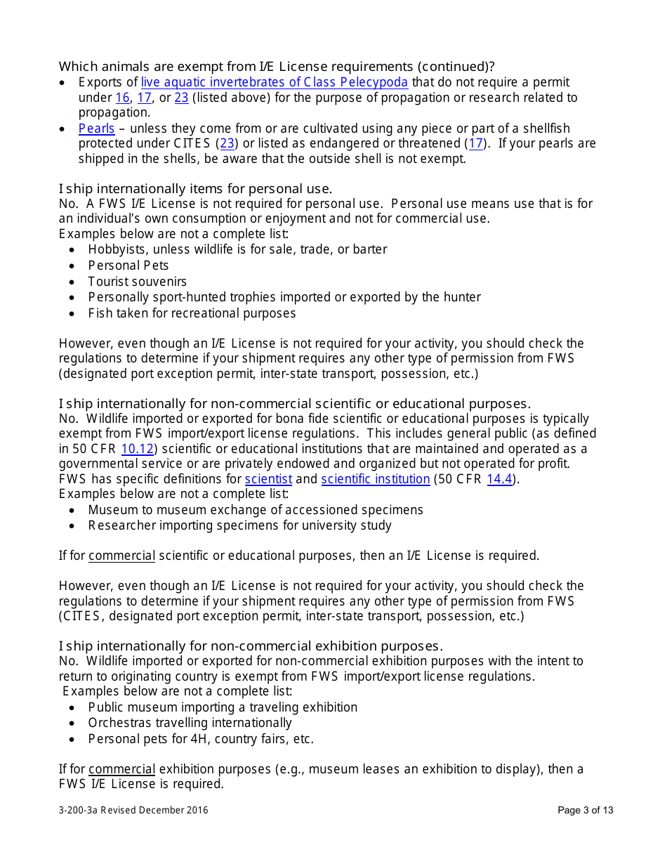 FWS Form 3-200-3A Federal Fish and Wildlife Permit Application Form: Import / Export License - U.S. Entities, Page 3