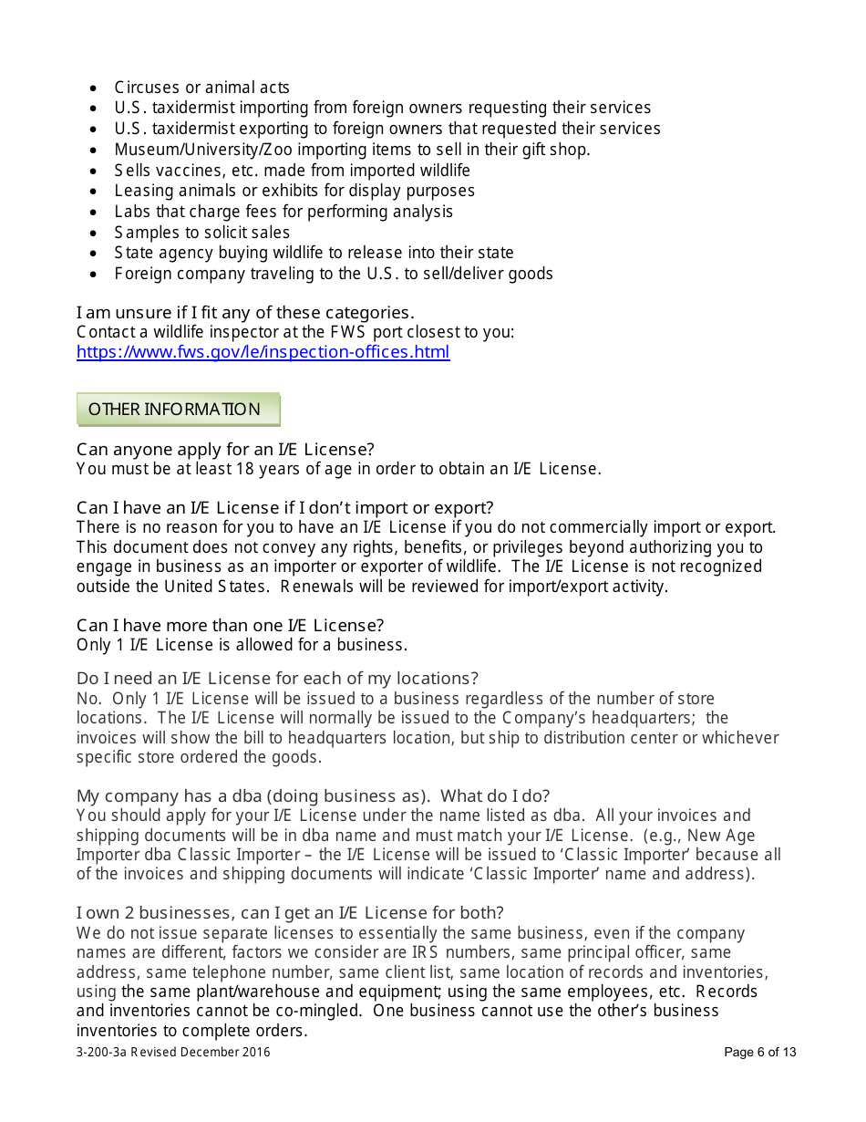 FWS Form 3-200-3A Federal Fish and Wildlife Permit Application Form: Import / Export License - U.S. Entities, Page 6