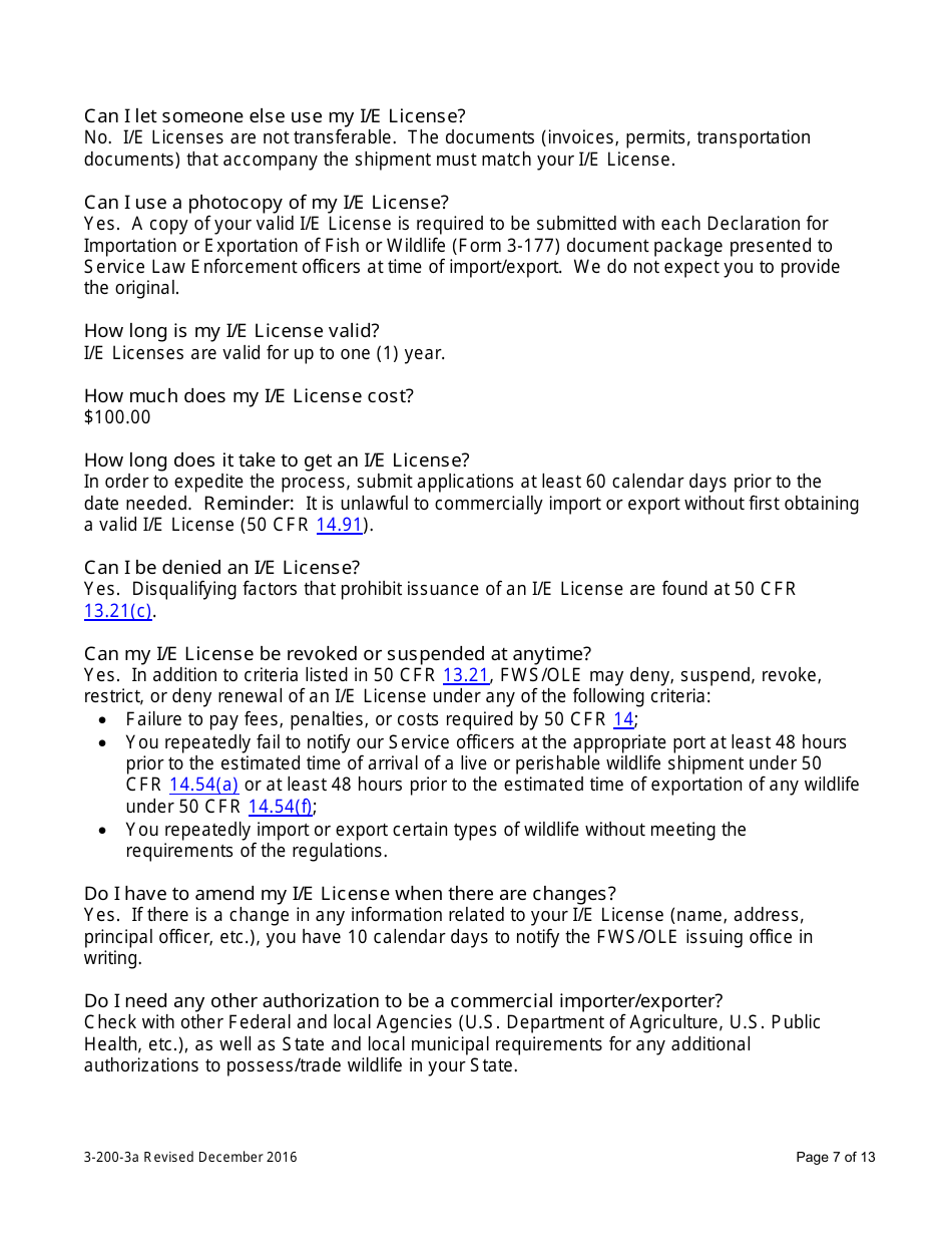 FWS Form 3-200-3A Federal Fish and Wildlife Permit Application Form: Import / Export License - U.S. Entities, Page 7