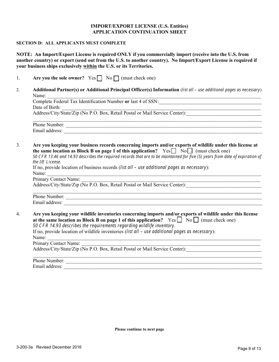 FWS Form 3-200-3A Federal Fish and Wildlife Permit Application Form: Import / Export License - U.S. Entities, Page 9