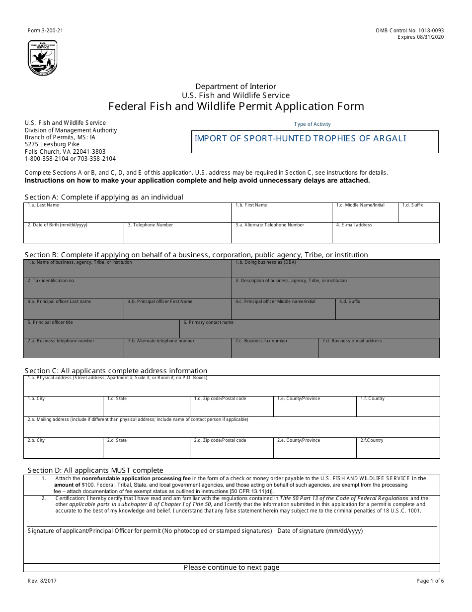 FWS Form 3-200-21 Federal Fish and Wildlife Permit Application Form - Import of Sport-Hunted Trophies of Argali, Page 1