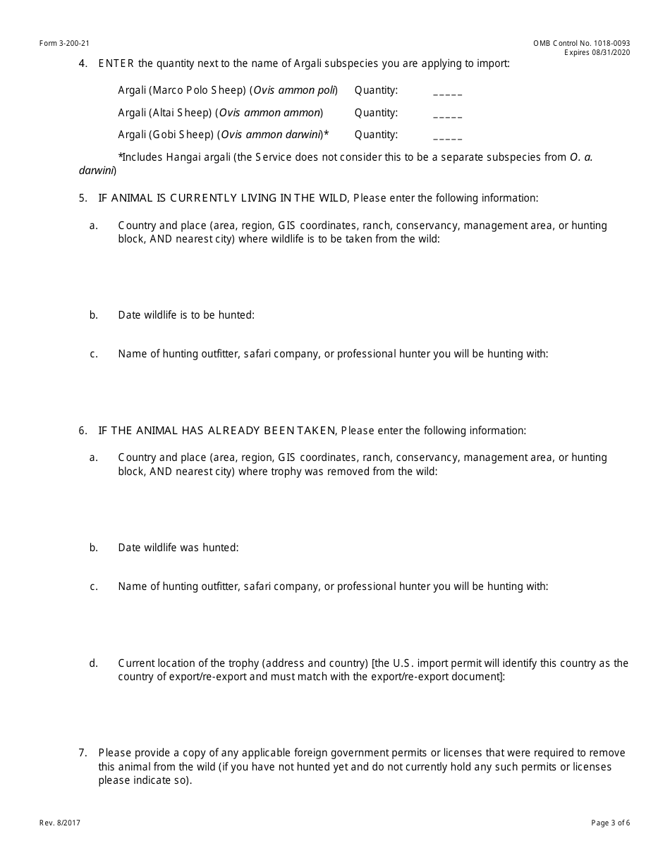 FWS Form 3-200-21 Federal Fish and Wildlife Permit Application Form - Import of Sport-Hunted Trophies of Argali, Page 3
