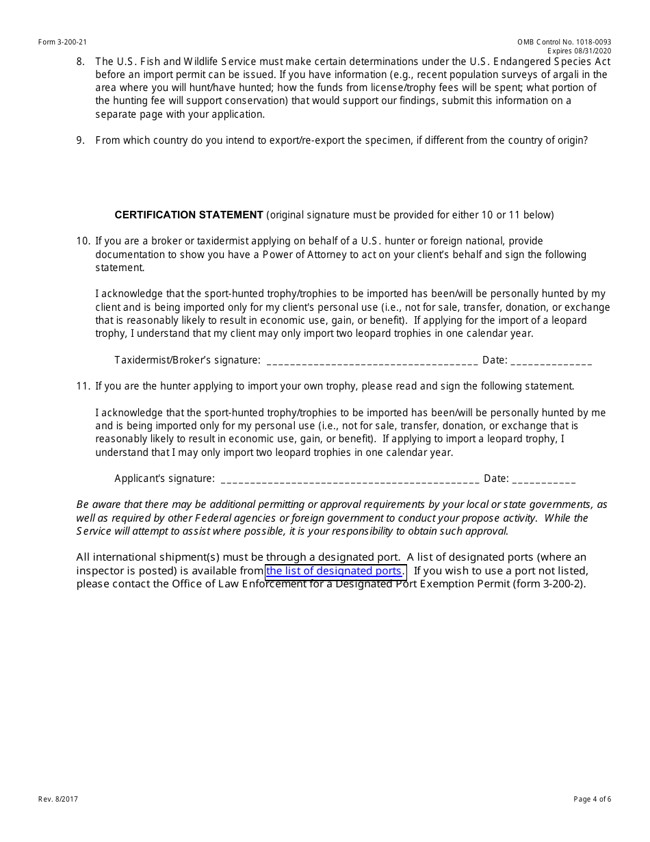 FWS Form 3-200-21 Federal Fish and Wildlife Permit Application Form - Import of Sport-Hunted Trophies of Argali, Page 4