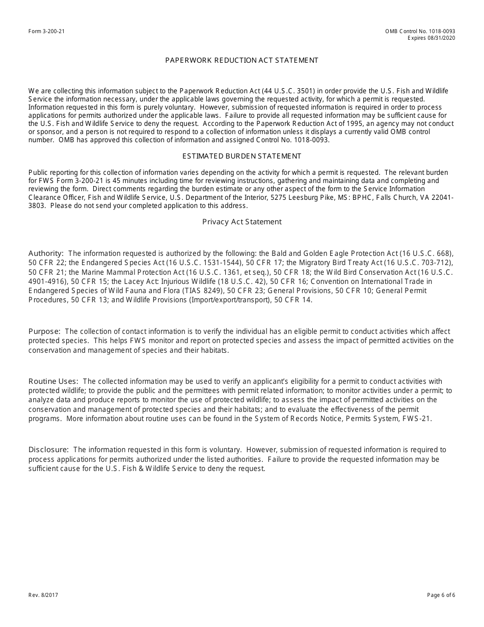 FWS Form 3-200-21 Federal Fish and Wildlife Permit Application Form - Import of Sport-Hunted Trophies of Argali, Page 6
