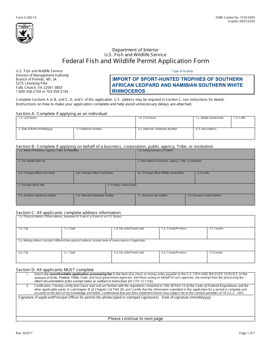 FWS Form 3-200-19 Federal Fish and Wildlife Permit Application Form - Import of Sport-Hunted Trophies of Southern African Leopard and Namibian Southern White Rhinoceros, Page 1