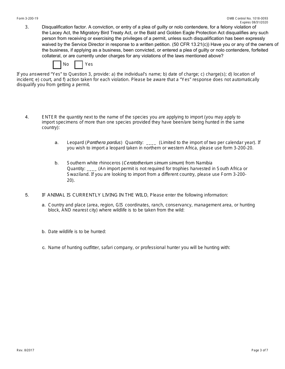 FWS Form 3-200-19 Federal Fish and Wildlife Permit Application Form - Import of Sport-Hunted Trophies of Southern African Leopard and Namibian Southern White Rhinoceros, Page 3
