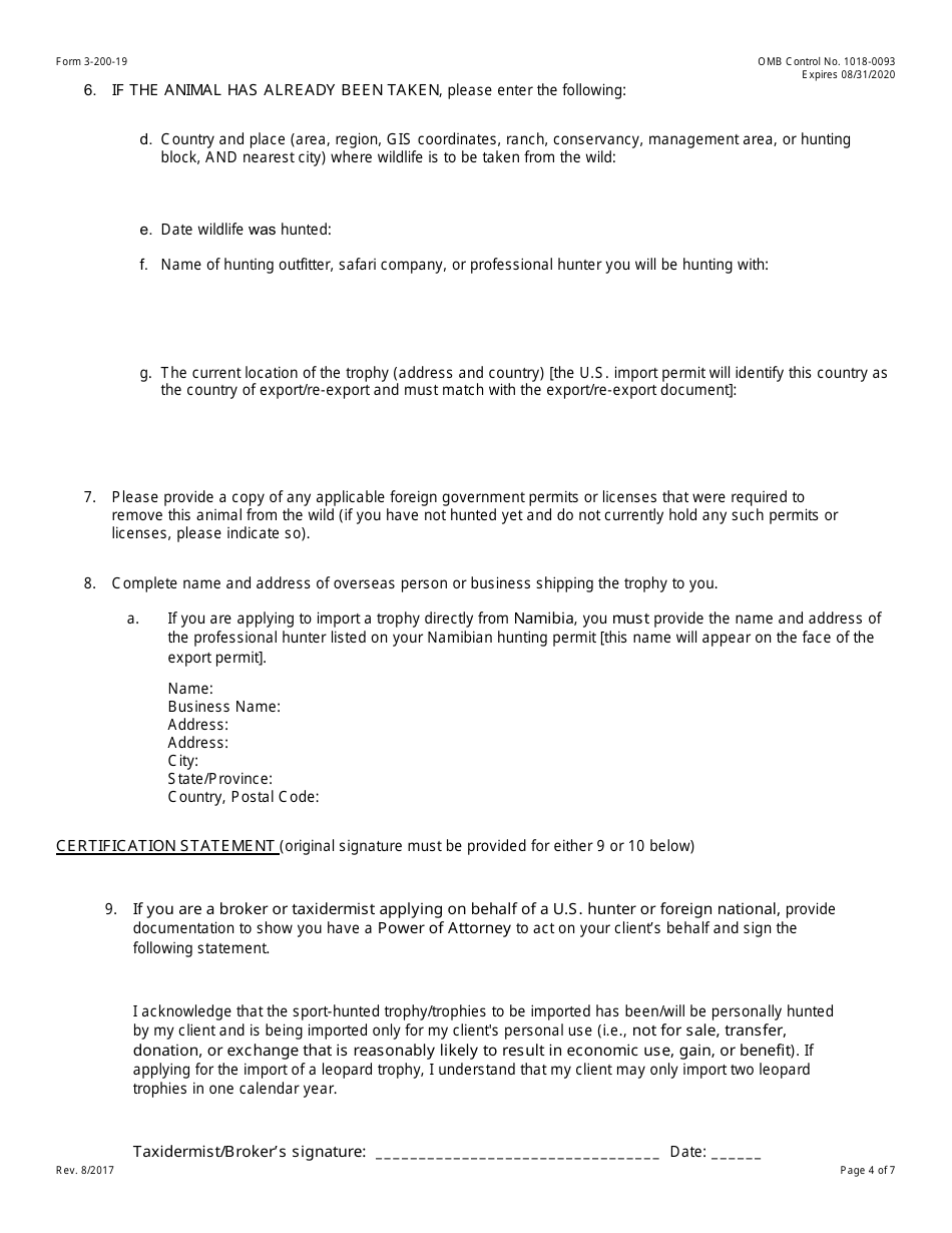 FWS Form 3-200-19 Federal Fish and Wildlife Permit Application Form - Import of Sport-Hunted Trophies of Southern African Leopard and Namibian Southern White Rhinoceros, Page 4