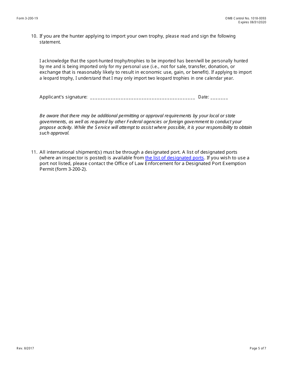 FWS Form 3-200-19 Federal Fish and Wildlife Permit Application Form - Import of Sport-Hunted Trophies of Southern African Leopard and Namibian Southern White Rhinoceros, Page 5