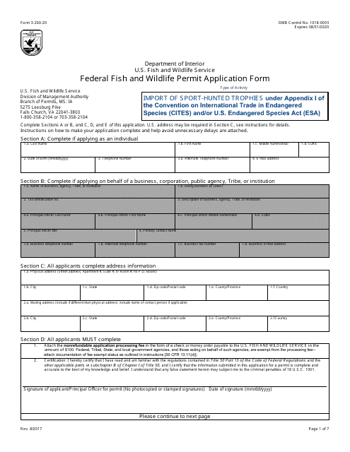 FWS Form 3-200-20 Federal Fish and Wildlife Permit Application Form: Import of Sport-Hunted Trophies