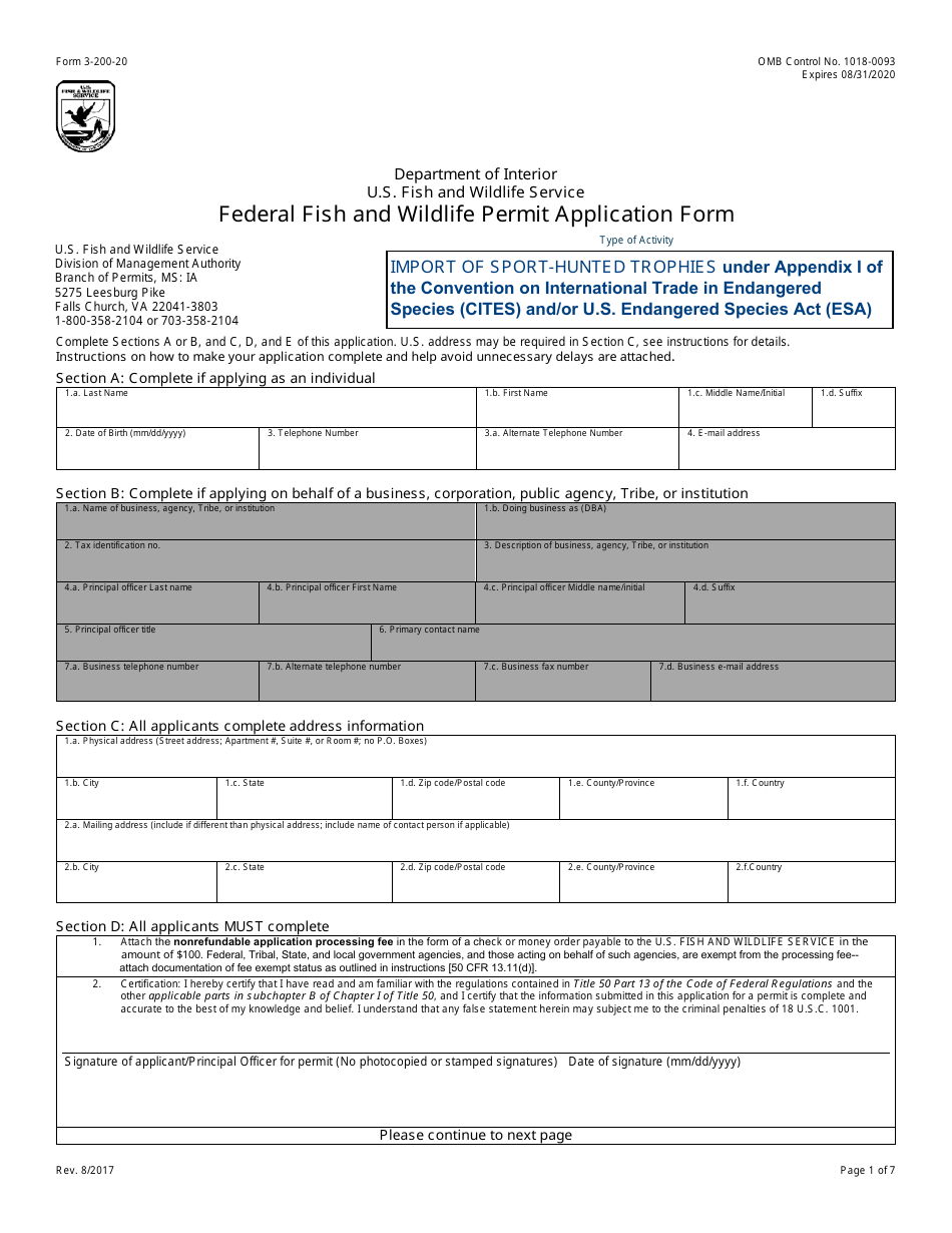 FWS Form 3-200-20 Federal Fish and Wildlife Permit Application Form: Import of Sport-Hunted Trophies, Page 1