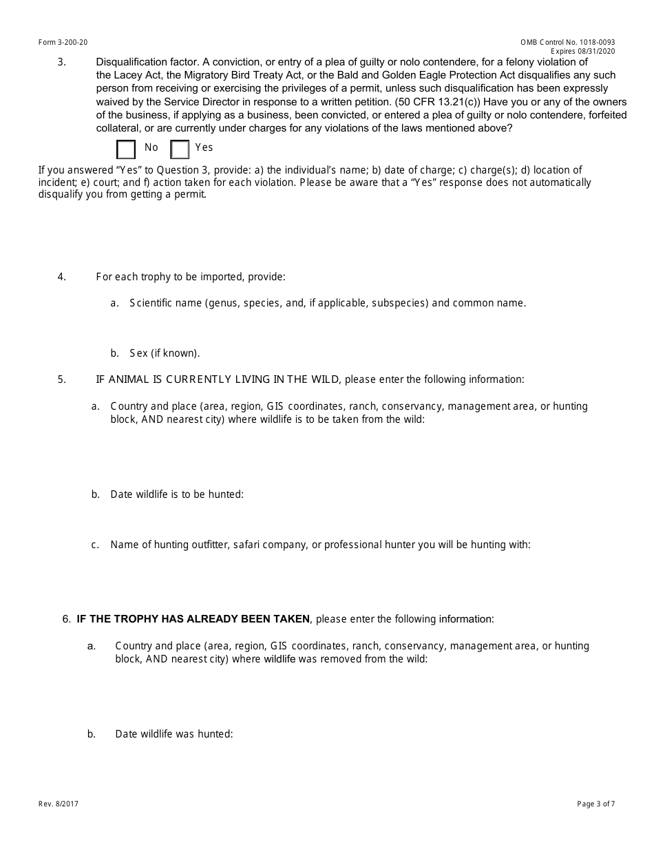 FWS Form 3-200-20 Federal Fish and Wildlife Permit Application Form: Import of Sport-Hunted Trophies, Page 3
