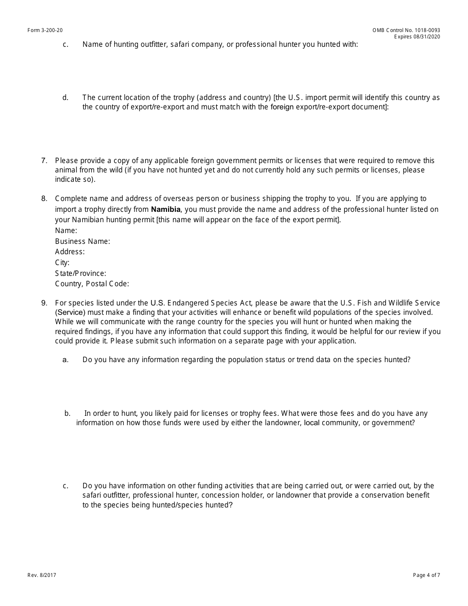 FWS Form 3-200-20 Federal Fish and Wildlife Permit Application Form: Import of Sport-Hunted Trophies, Page 4
