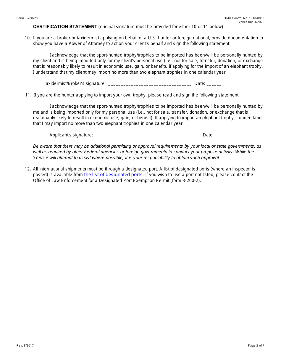 FWS Form 3-200-20 Federal Fish and Wildlife Permit Application Form: Import of Sport-Hunted Trophies, Page 5
