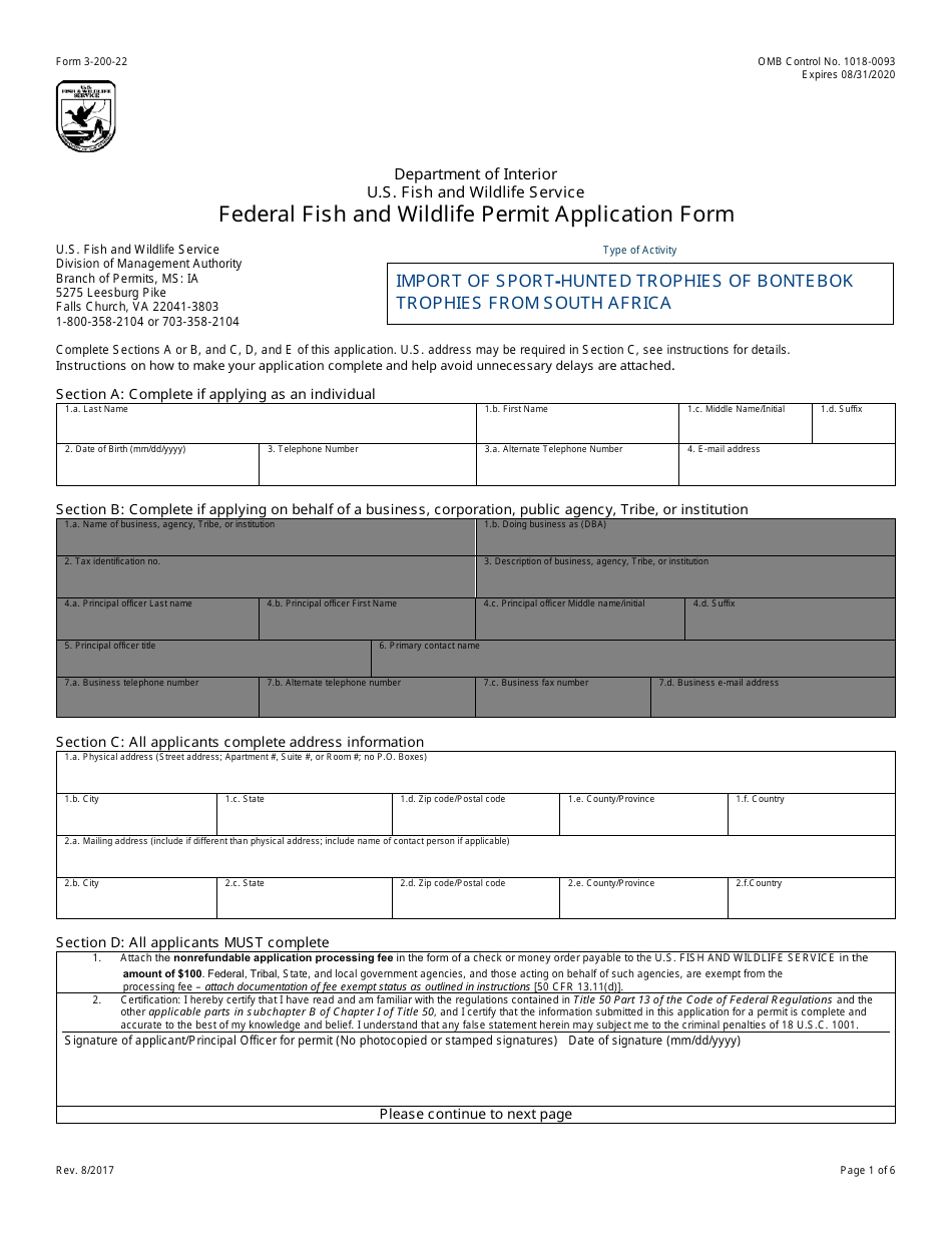 FWS Form 3-200-22 Federal Fish and Wildlife Permit Application Form - Import of Sport-Hunted Bontebok Trophies From South Africa, Page 1