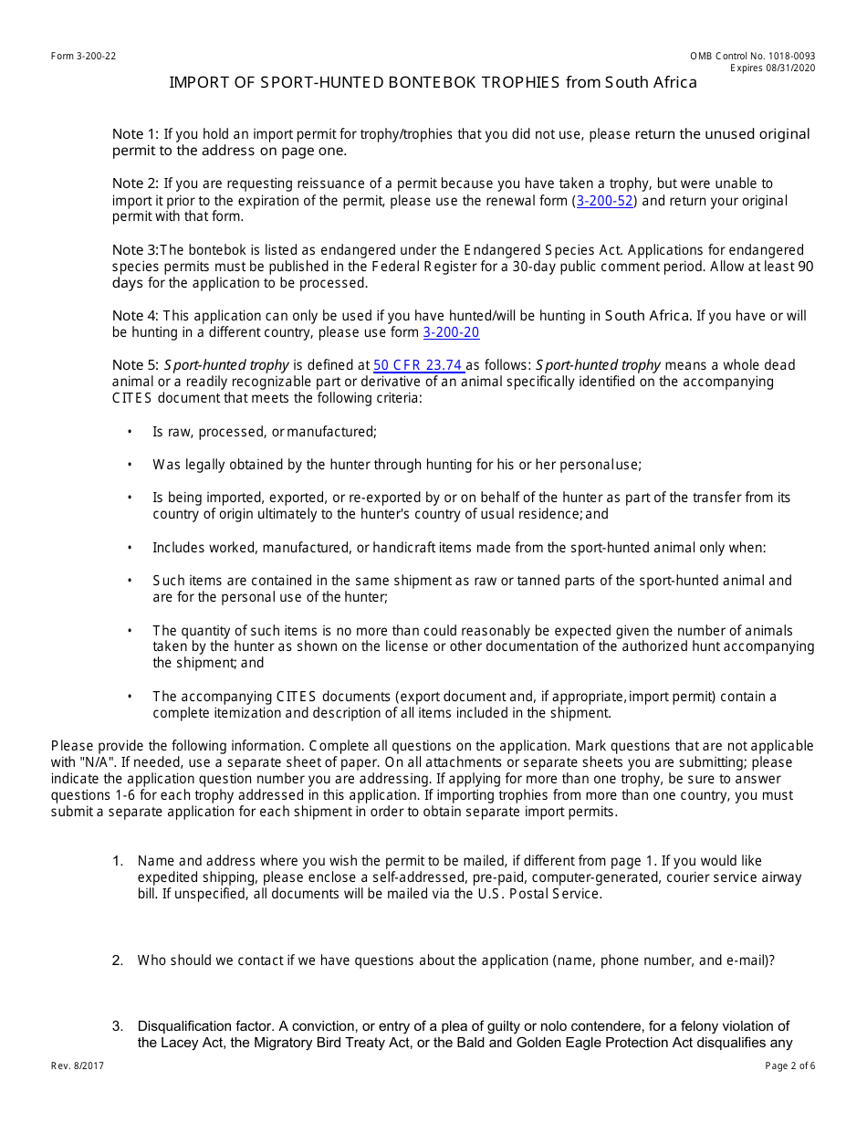 FWS Form 3-200-22 Federal Fish and Wildlife Permit Application Form - Import of Sport-Hunted Bontebok Trophies From South Africa, Page 2