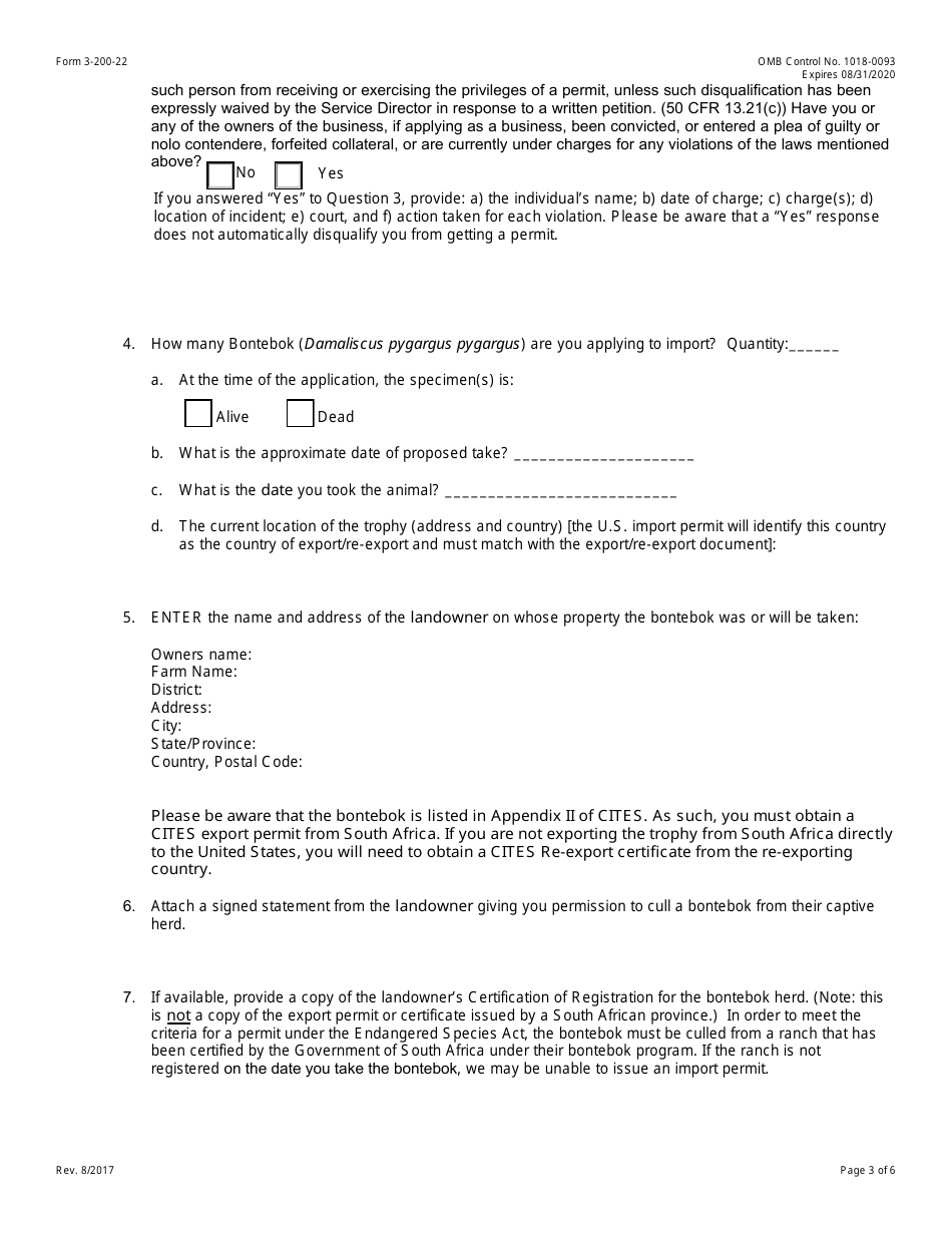 FWS Form 3-200-22 Federal Fish and Wildlife Permit Application Form - Import of Sport-Hunted Bontebok Trophies From South Africa, Page 3