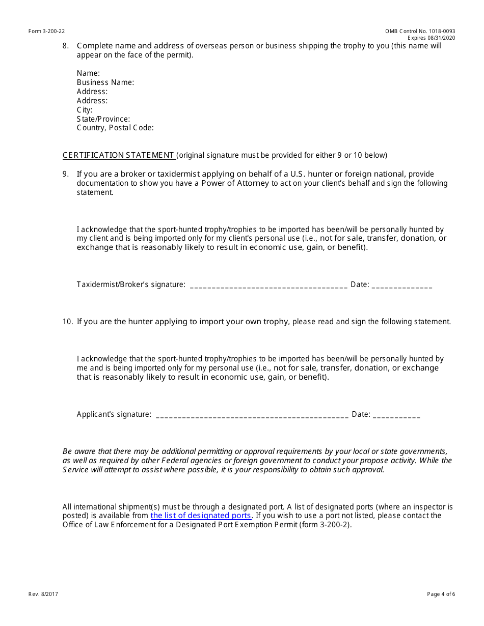 FWS Form 3-200-22 Federal Fish and Wildlife Permit Application Form - Import of Sport-Hunted Bontebok Trophies From South Africa, Page 4