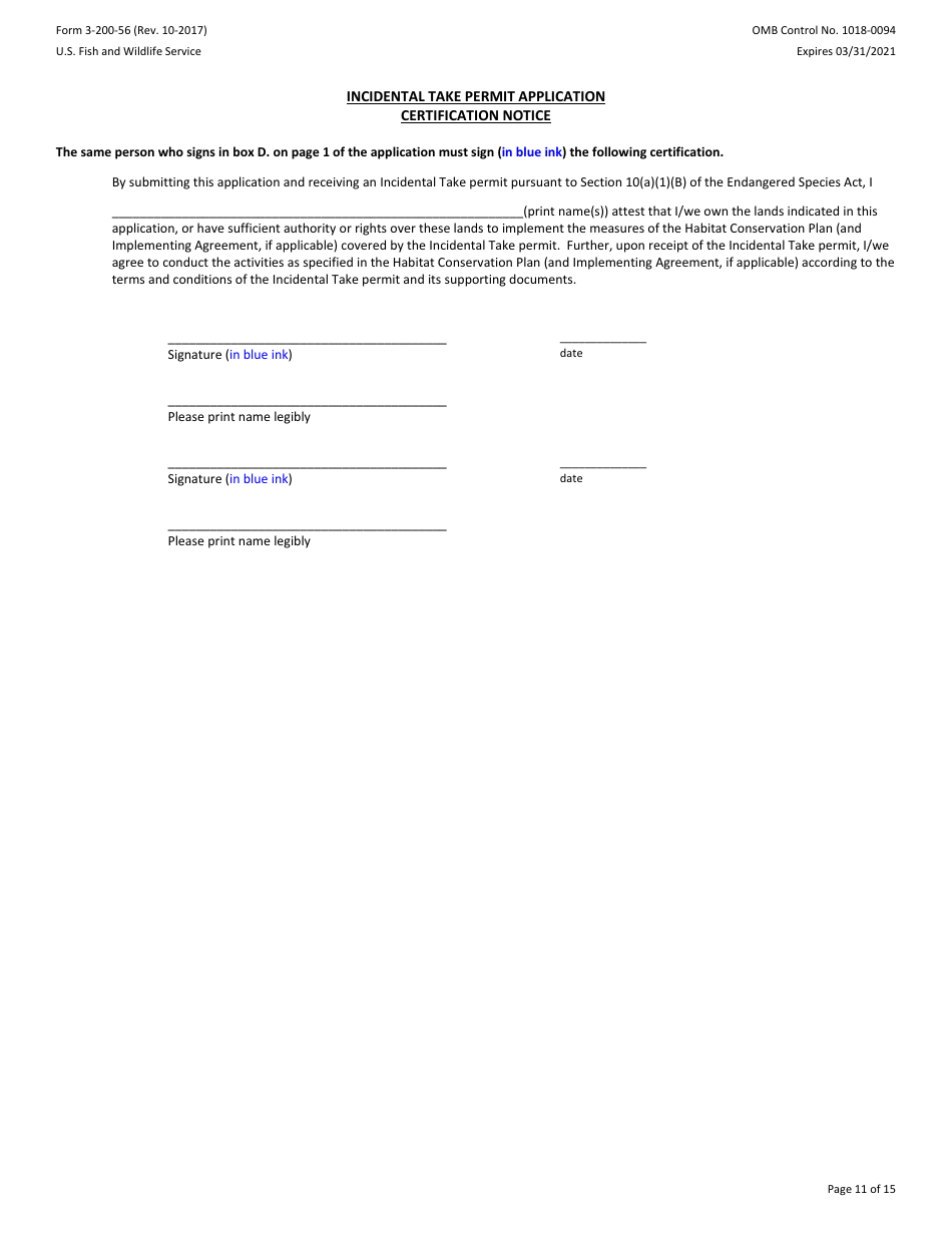 FWS Form 3-200-56 Federal Fish and Wildlife Permit Application Form - Native Endangered and Threatened Species - Incidental Take Permits Associated With a Habitat Conservation Plan (Hcp), Page 11