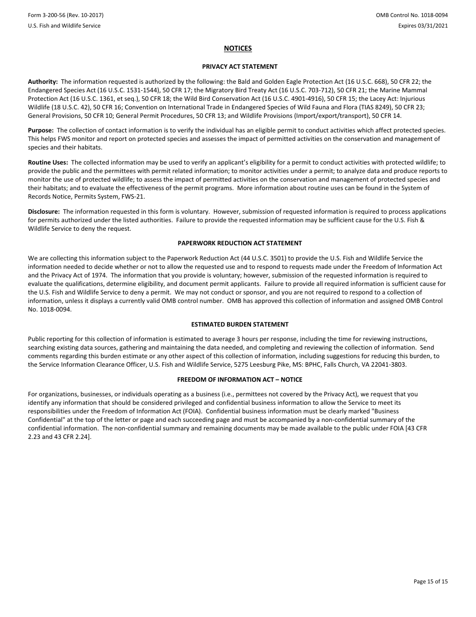 FWS Form 3-200-56 Federal Fish and Wildlife Permit Application Form - Native Endangered and Threatened Species - Incidental Take Permits Associated With a Habitat Conservation Plan (Hcp), Page 15