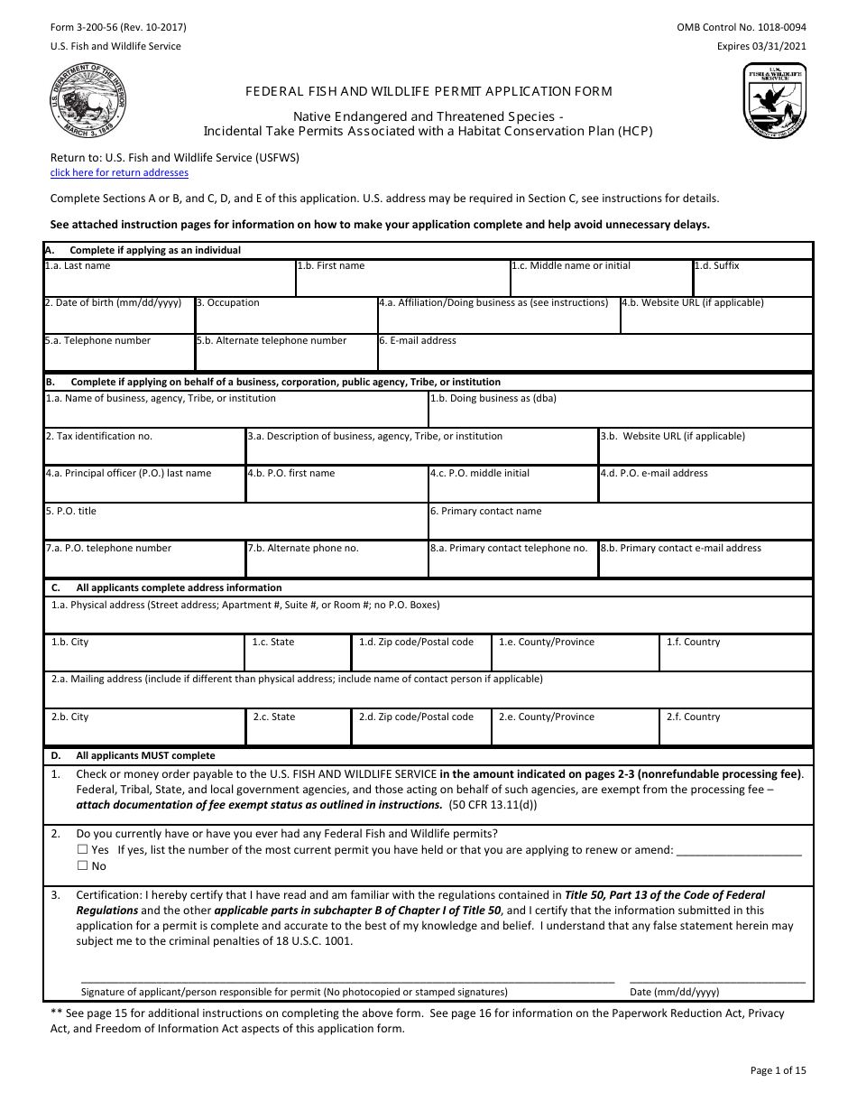 FWS Form 3-200-56 Federal Fish and Wildlife Permit Application Form - Native Endangered and Threatened Species - Incidental Take Permits Associated With a Habitat Conservation Plan (Hcp), Page 1