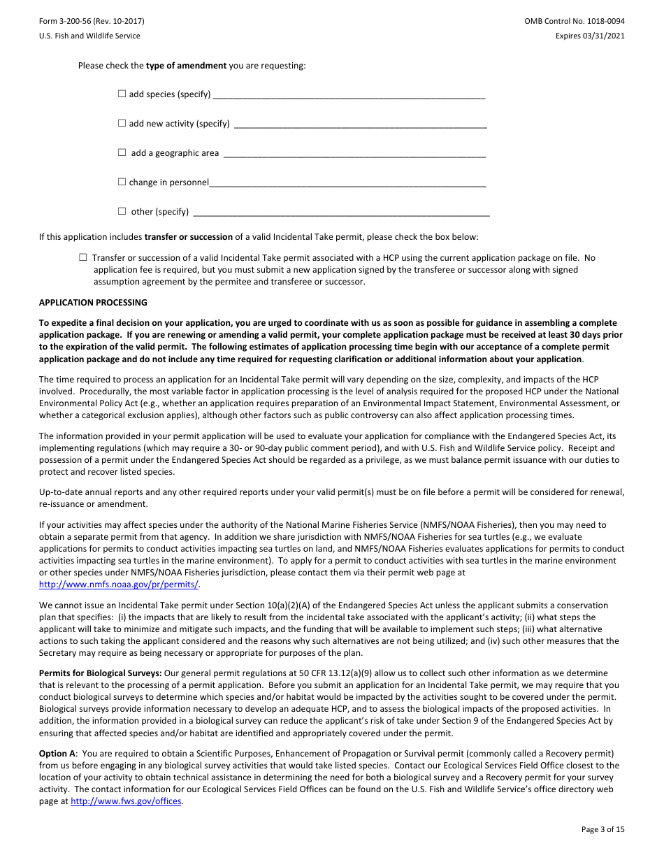 FWS Form 3-200-56 Federal Fish and Wildlife Permit Application Form - Native Endangered and Threatened Species - Incidental Take Permits Associated With a Habitat Conservation Plan (Hcp), Page 3