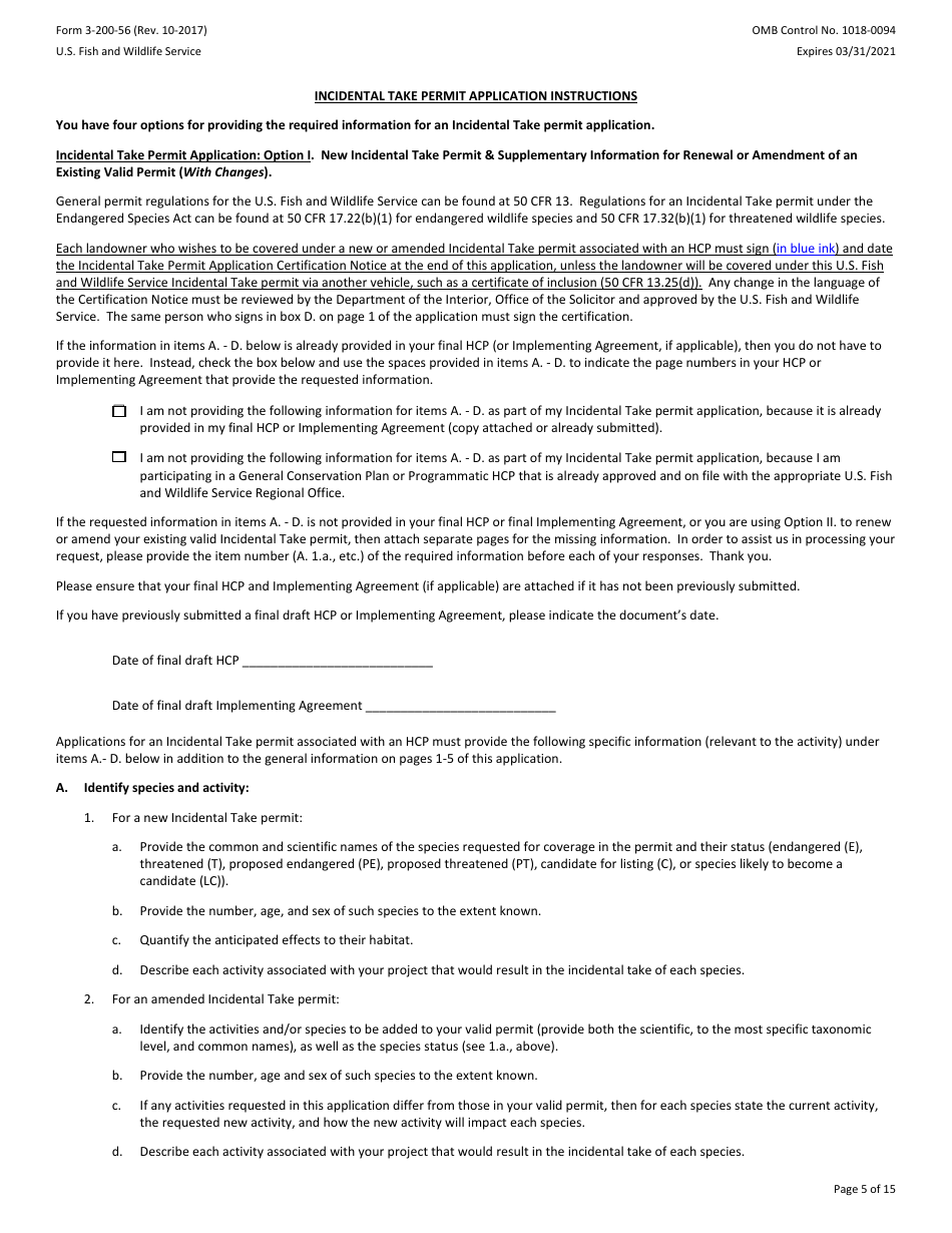 FWS Form 3-200-56 Federal Fish and Wildlife Permit Application Form - Native Endangered and Threatened Species - Incidental Take Permits Associated With a Habitat Conservation Plan (Hcp), Page 5