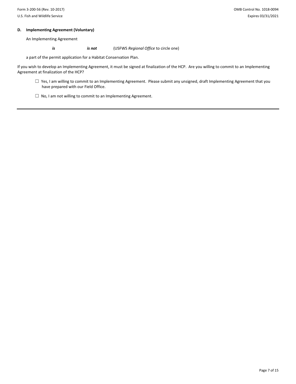 FWS Form 3-200-56 Federal Fish and Wildlife Permit Application Form - Native Endangered and Threatened Species - Incidental Take Permits Associated With a Habitat Conservation Plan (Hcp), Page 7