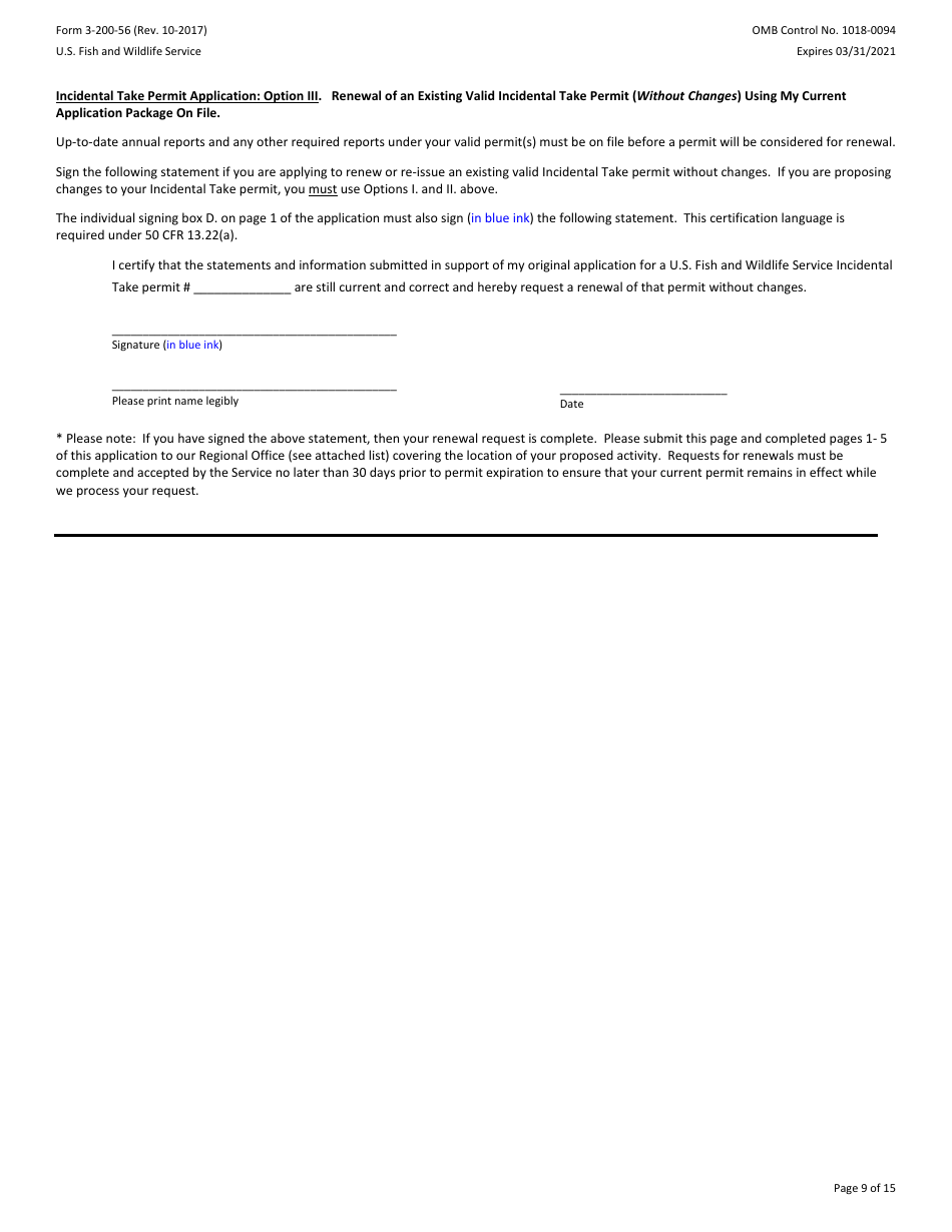 FWS Form 3-200-56 Federal Fish and Wildlife Permit Application Form - Native Endangered and Threatened Species - Incidental Take Permits Associated With a Habitat Conservation Plan (Hcp), Page 9