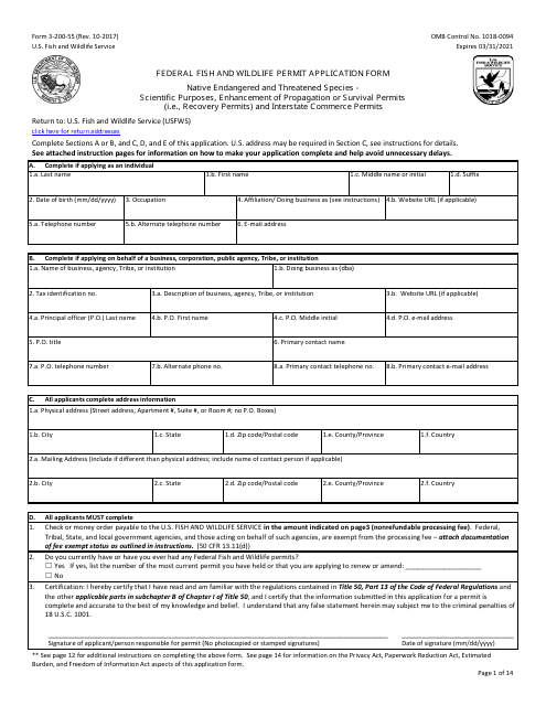 FWS Form 3-200-55 Federal Fish and Wildlife Permit Application Form - Native Endangered and Threatened Species - Scientific Purposes, Enhancement of Propagation or Survival Permits (I.e., Recovery Permits) and Interstate Commerce Permits