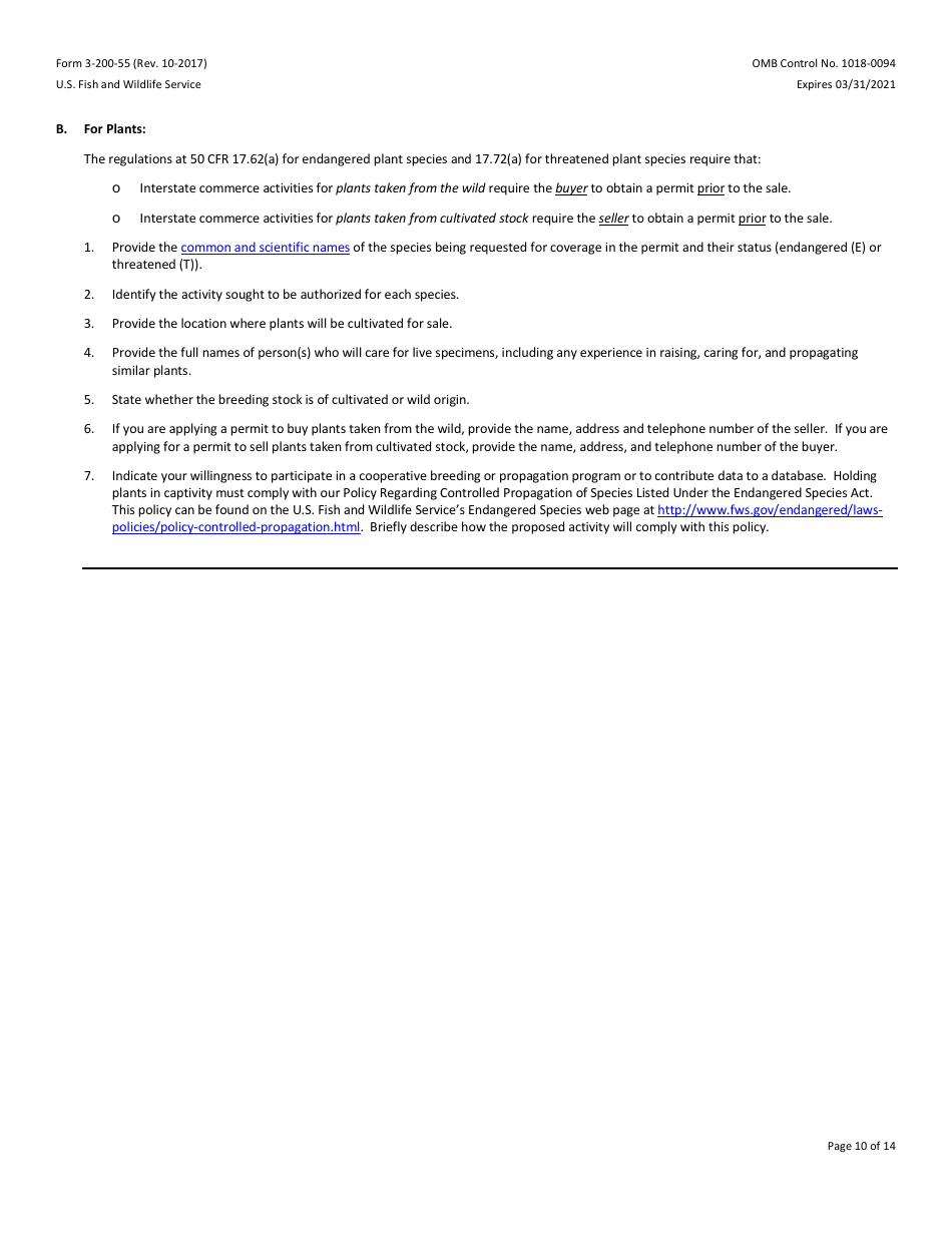 FWS Form 3-200-55 Federal Fish and Wildlife Permit Application Form - Native Endangered and Threatened Species - Scientific Purposes, Enhancement of Propagation or Survival Permits (I.e., Recovery Permits) and Interstate Commerce Permits, Page 10