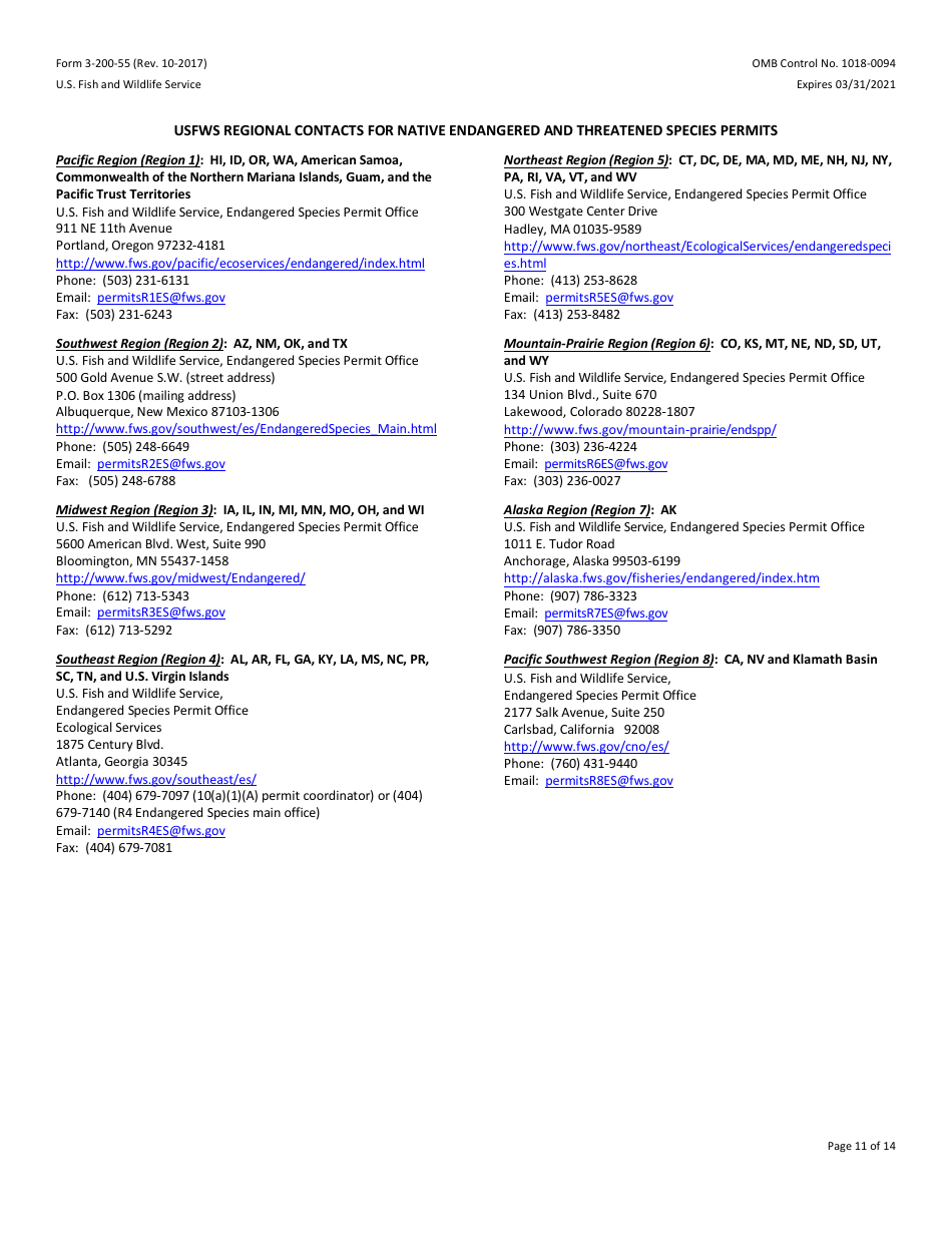 FWS Form 3-200-55 Federal Fish and Wildlife Permit Application Form - Native Endangered and Threatened Species - Scientific Purposes, Enhancement of Propagation or Survival Permits (I.e., Recovery Permits) and Interstate Commerce Permits, Page 11