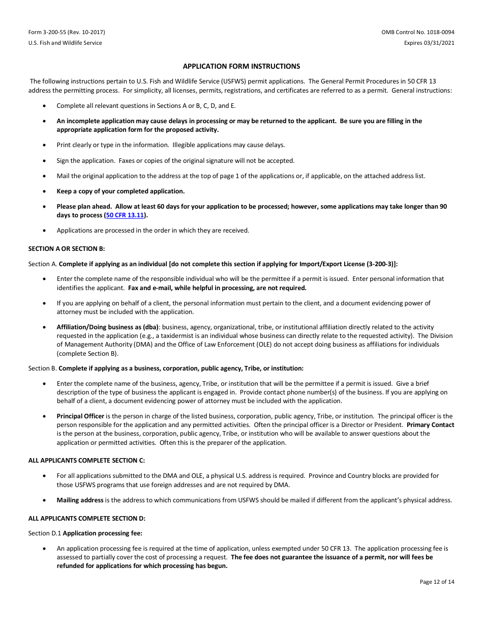 FWS Form 3-200-55 Federal Fish and Wildlife Permit Application Form - Native Endangered and Threatened Species - Scientific Purposes, Enhancement of Propagation or Survival Permits (I.e., Recovery Permits) and Interstate Commerce Permits, Page 12
