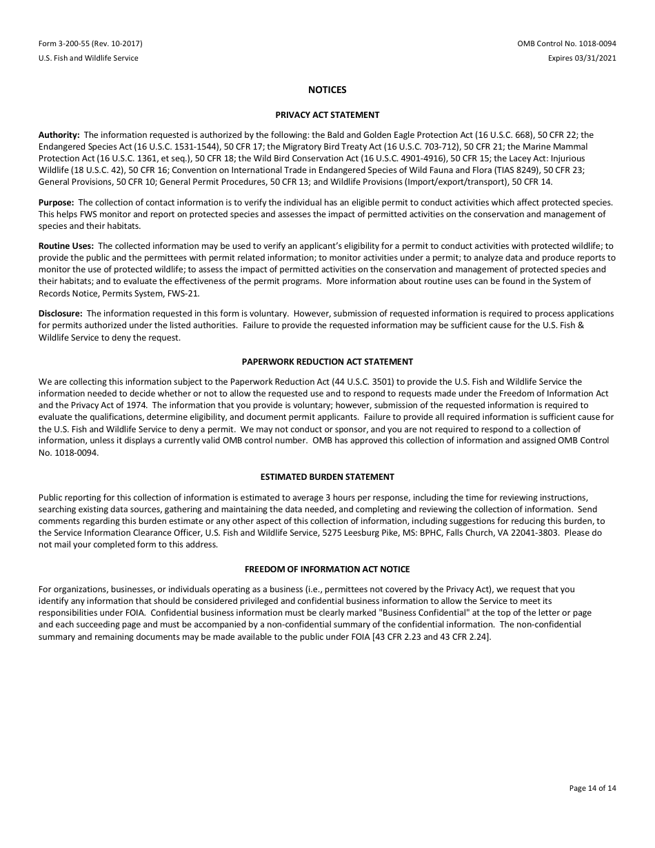 FWS Form 3-200-55 Federal Fish and Wildlife Permit Application Form - Native Endangered and Threatened Species - Scientific Purposes, Enhancement of Propagation or Survival Permits (I.e., Recovery Permits) and Interstate Commerce Permits, Page 14