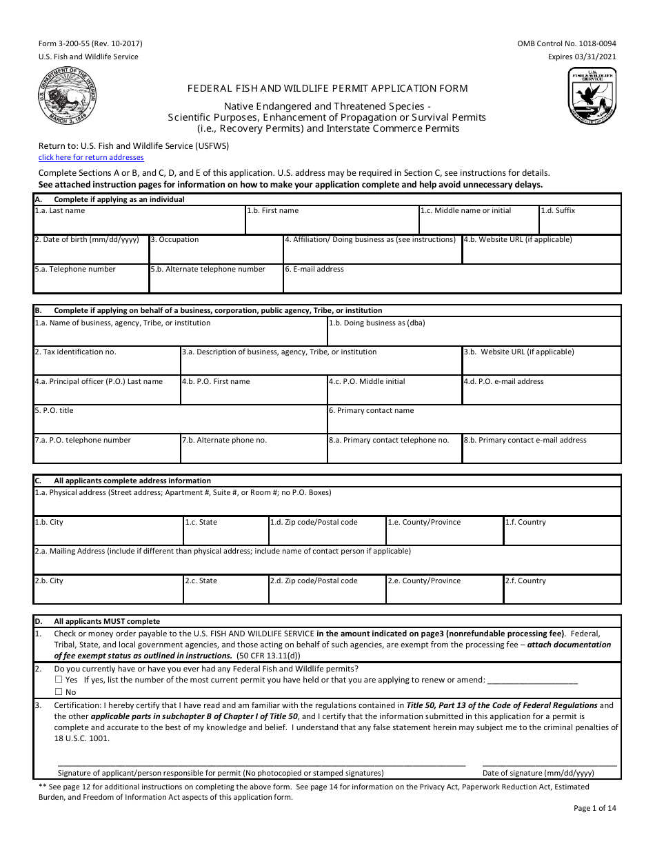 FWS Form 3-200-55 Federal Fish and Wildlife Permit Application Form - Native Endangered and Threatened Species - Scientific Purposes, Enhancement of Propagation or Survival Permits (I.e., Recovery Permits) and Interstate Commerce Permits, Page 1