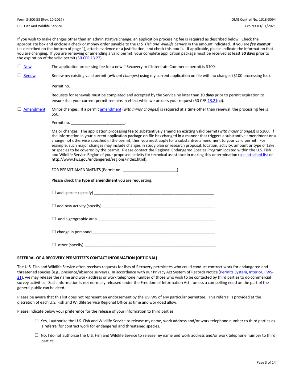 FWS Form 3-200-55 Federal Fish and Wildlife Permit Application Form - Native Endangered and Threatened Species - Scientific Purposes, Enhancement of Propagation or Survival Permits (I.e., Recovery Permits) and Interstate Commerce Permits, Page 3