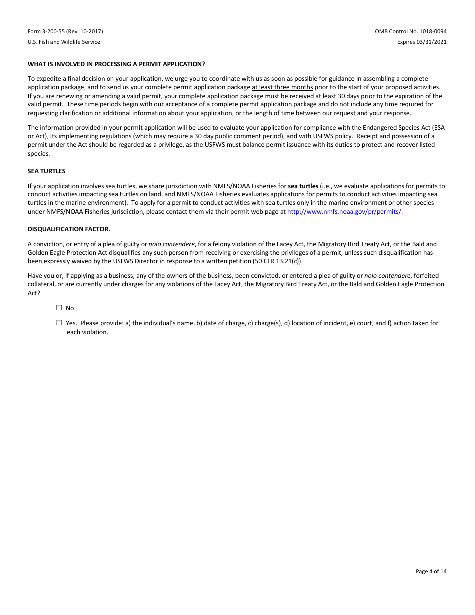 FWS Form 3-200-55 Federal Fish and Wildlife Permit Application Form - Native Endangered and Threatened Species - Scientific Purposes, Enhancement of Propagation or Survival Permits (I.e., Recovery Permits) and Interstate Commerce Permits, Page 4