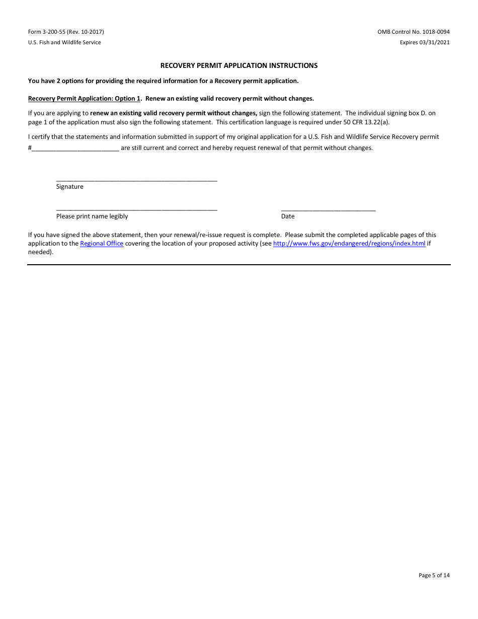 FWS Form 3-200-55 Federal Fish and Wildlife Permit Application Form - Native Endangered and Threatened Species - Scientific Purposes, Enhancement of Propagation or Survival Permits (I.e., Recovery Permits) and Interstate Commerce Permits, Page 5