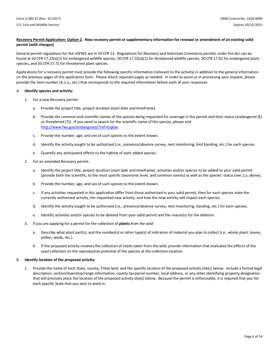 FWS Form 3-200-55 Federal Fish and Wildlife Permit Application Form - Native Endangered and Threatened Species - Scientific Purposes, Enhancement of Propagation or Survival Permits (I.e., Recovery Permits) and Interstate Commerce Permits, Page 6
