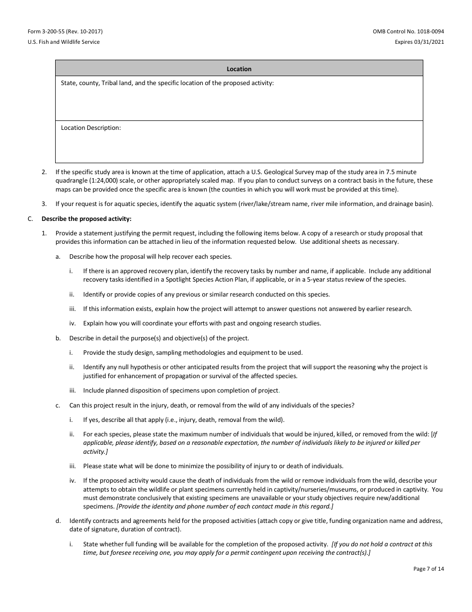 FWS Form 3-200-55 Federal Fish and Wildlife Permit Application Form - Native Endangered and Threatened Species - Scientific Purposes, Enhancement of Propagation or Survival Permits (I.e., Recovery Permits) and Interstate Commerce Permits, Page 7