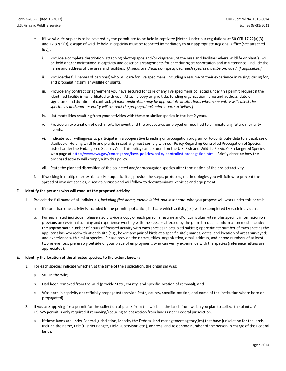 FWS Form 3-200-55 Federal Fish and Wildlife Permit Application Form - Native Endangered and Threatened Species - Scientific Purposes, Enhancement of Propagation or Survival Permits (I.e., Recovery Permits) and Interstate Commerce Permits, Page 8