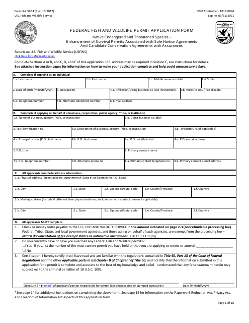 FWS Form 3-200-54  Printable Pdf