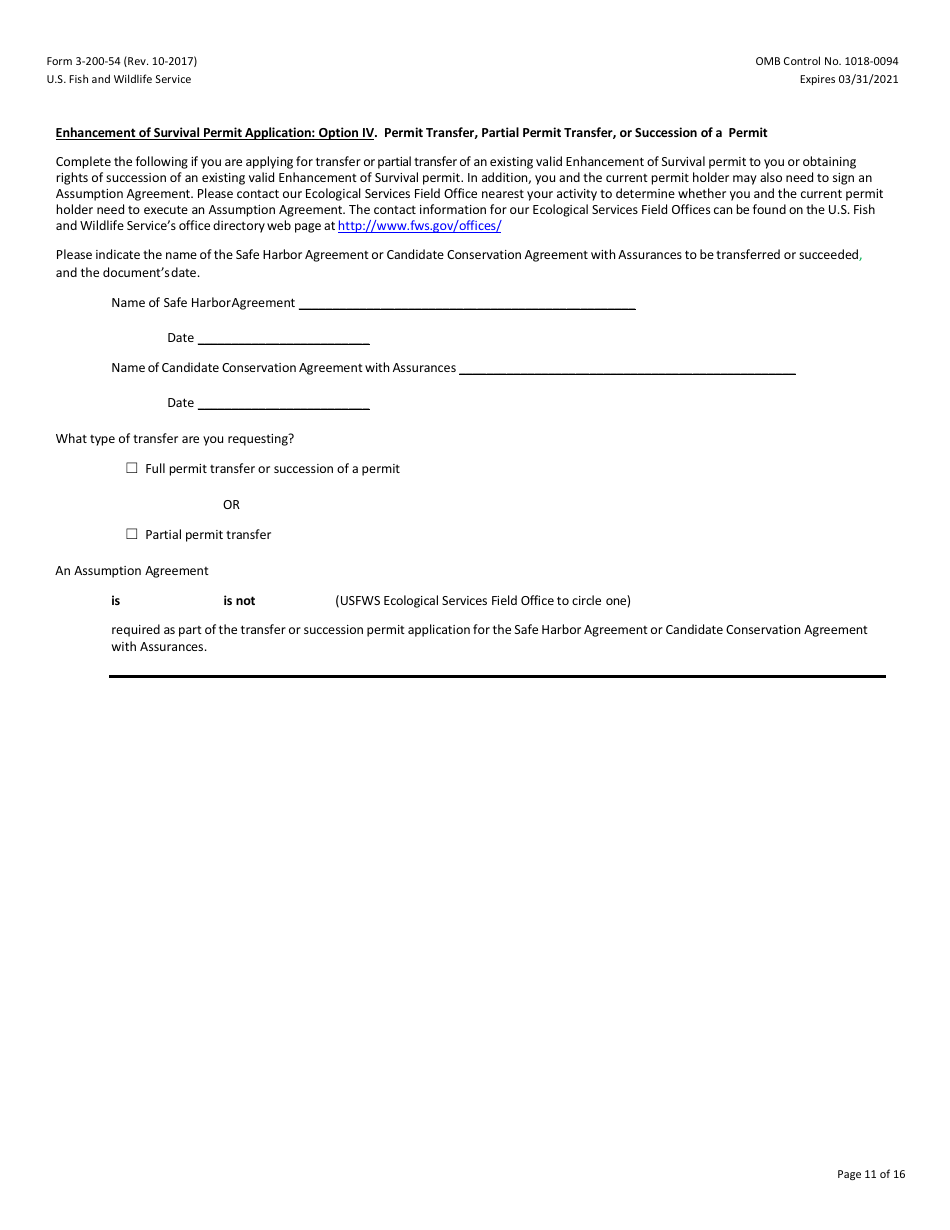 FWS Form 3-200-54 Federal Fish and Wildlife Permit Application Form - Native Endangered  Threatened Species - Enhancement of Survival Permits Associated With Safe Harbor Agreement  Candidate Conservation Agreement With Assurances, Page 11