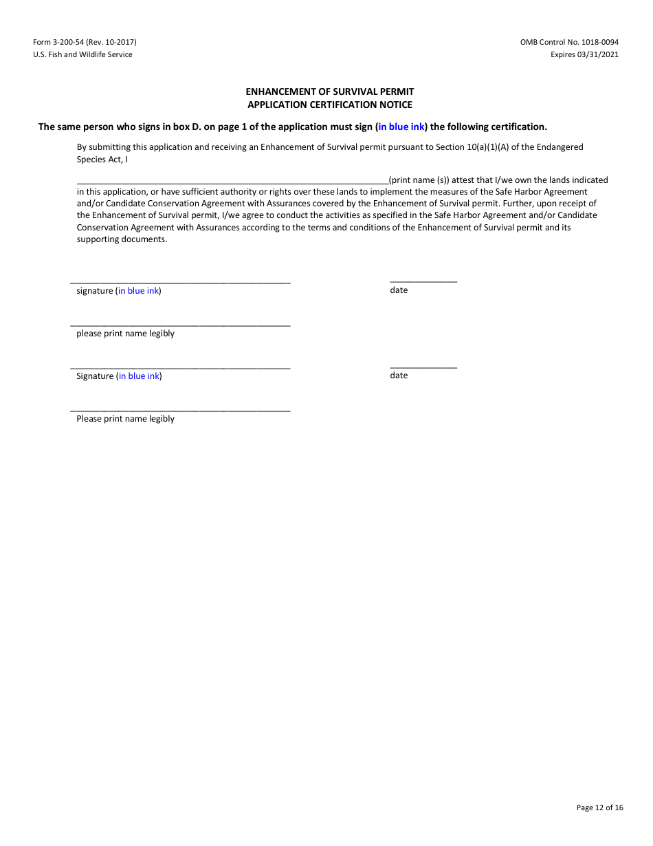 FWS Form 3-200-54 Federal Fish and Wildlife Permit Application Form - Native Endangered  Threatened Species - Enhancement of Survival Permits Associated With Safe Harbor Agreement  Candidate Conservation Agreement With Assurances, Page 12